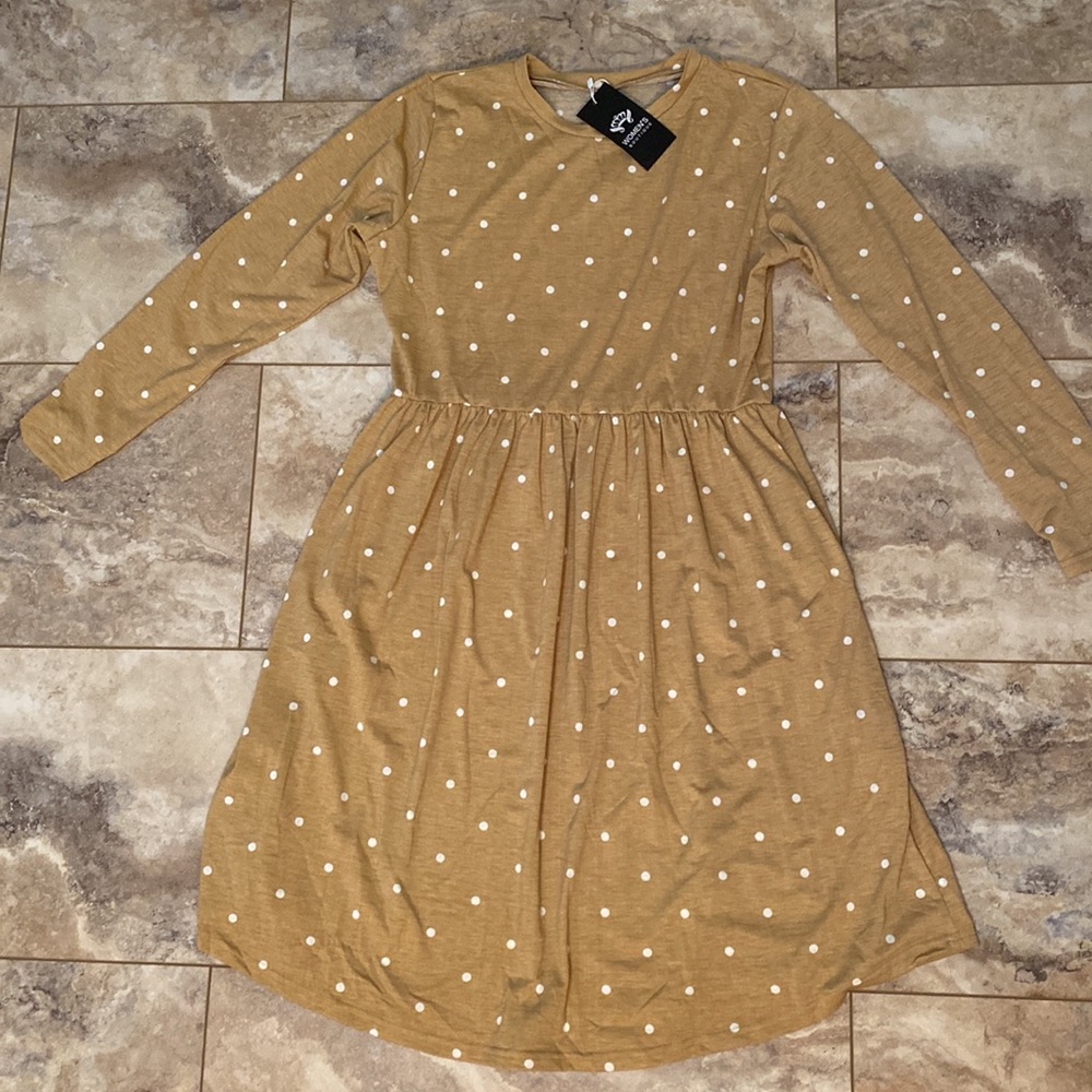NWT Tan Dress with White Polka Dots
